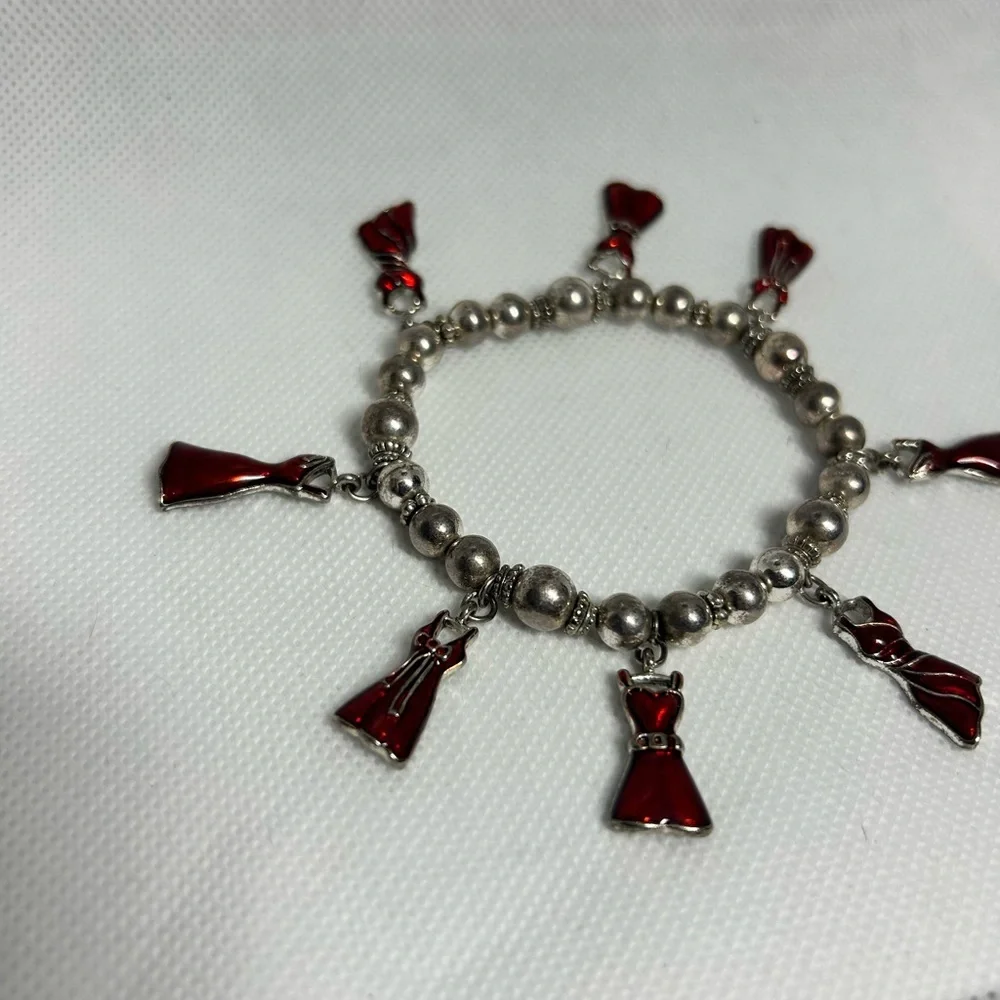 Silver Beaded Bracelet with Red Dress‎ Charms